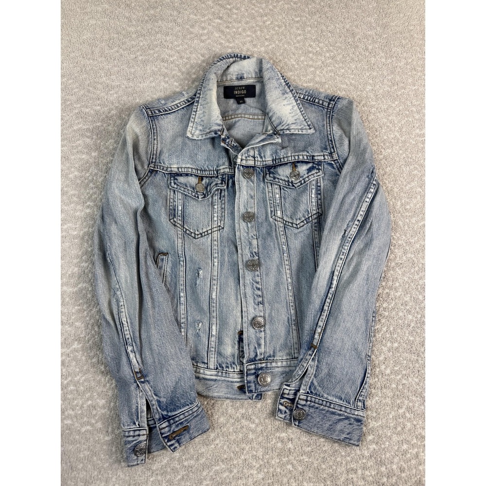 J.Crew Indigo Jacket Women XS Blue Denim Jean Button Front Pockets‎ Distressed